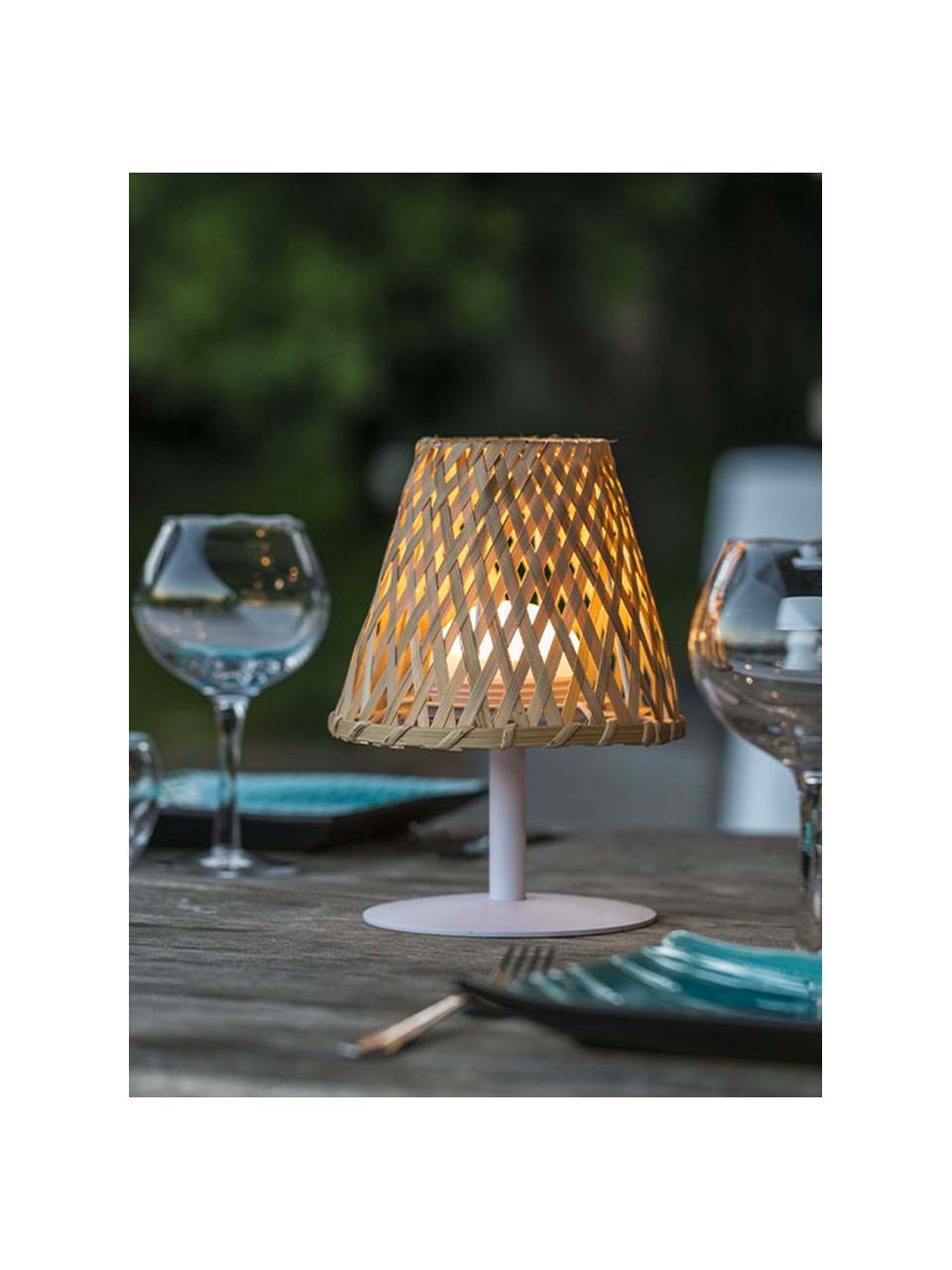 Mobiele outdoor LED tafellamp Ibiza, dimbaar, Lampenkap: bamboehout, Bamboehout, wit, Ø 19 x H 25 cm