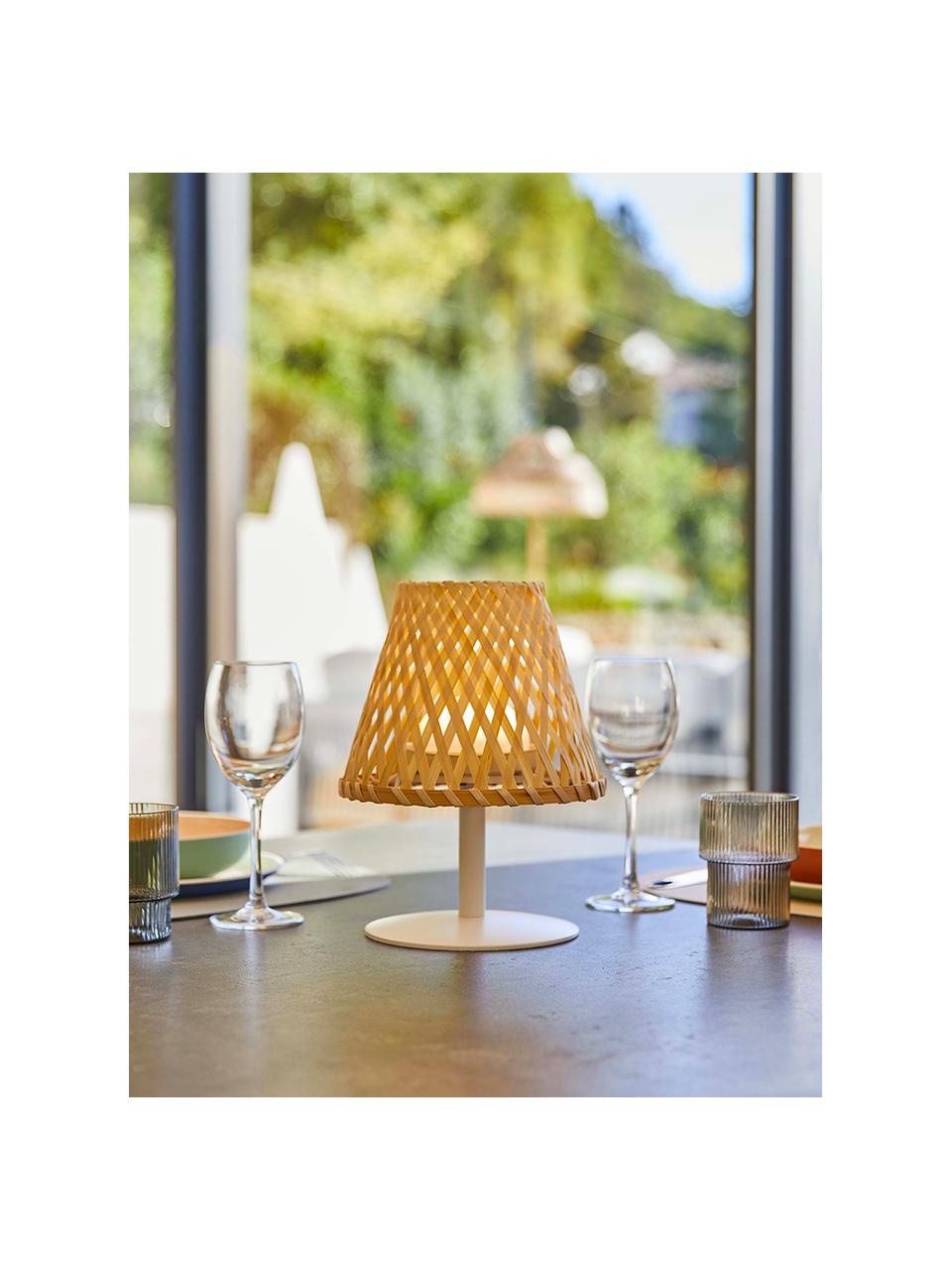 Lámpara de mesa para exterior LED regulable Ibiza, portátil, Pantalla: madera de bambú, Estructura: acero recubierto, Cable: plástico, Bambú, blanco, Ø 19 x Al 25 cm