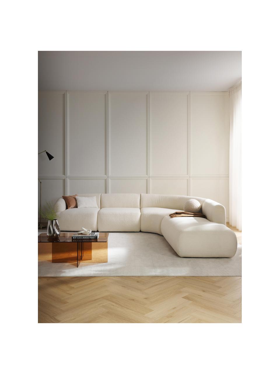 Divano angolare componibile 4 posti in teddy Sofia, Rivestimento: teddy (100% polipropilene, Struttura: legno di abete rosso, cer, Piedini: plastica Il materiale uti, Teddy bianco latte, Larg. 319 x Prof. 298 cm, chaise longue a destra