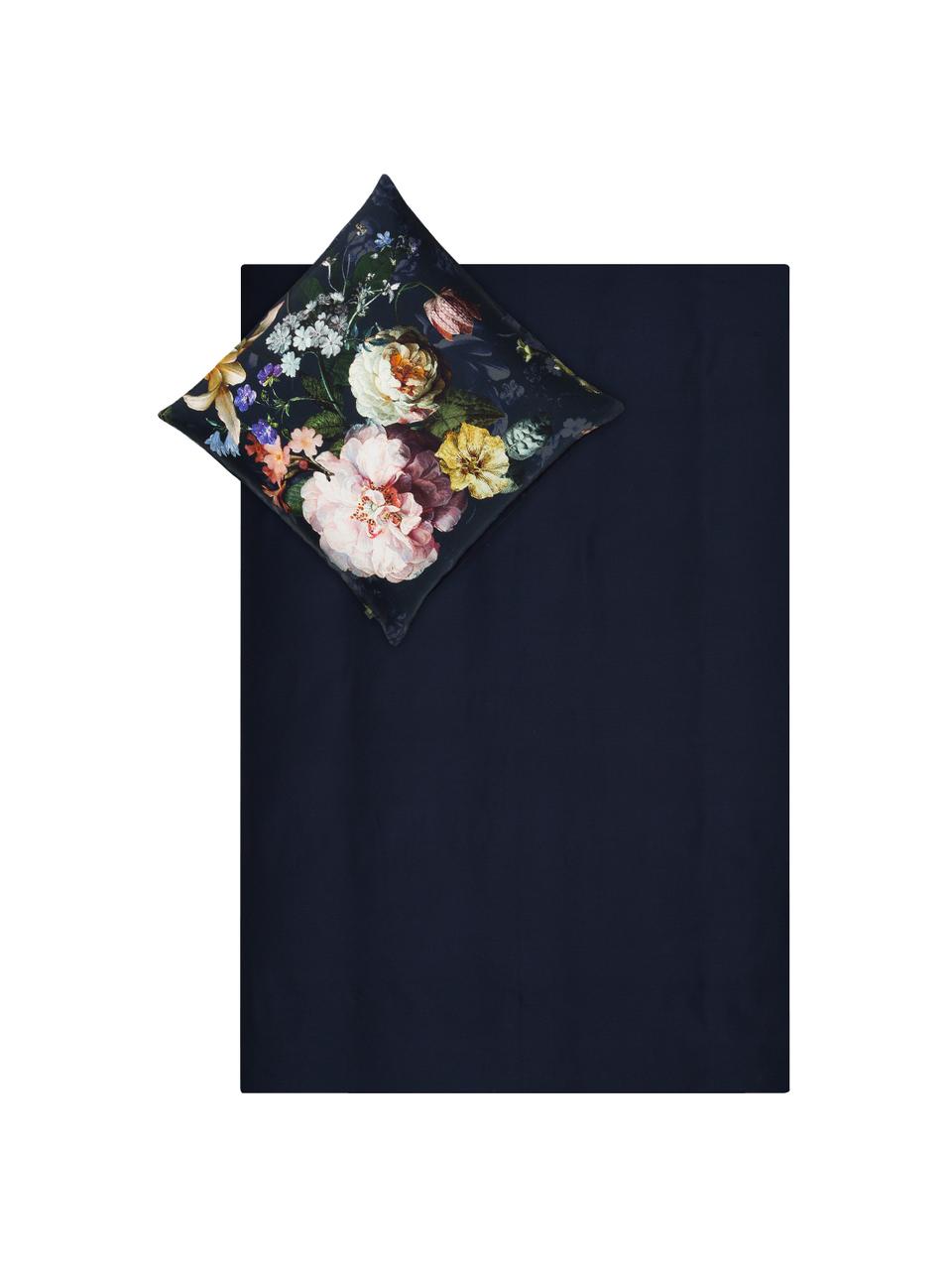 Baumwollsatin-Bettwäsche Fleur mit Blumen-Muster, Webart: Satin Fadendichte 209 TC,, Vorderseite: Nachtblau, Weiß, Gelb; Rückseite: Nachtblau, 155 x 220 cm + 1 Kissen 80 x 80 cm