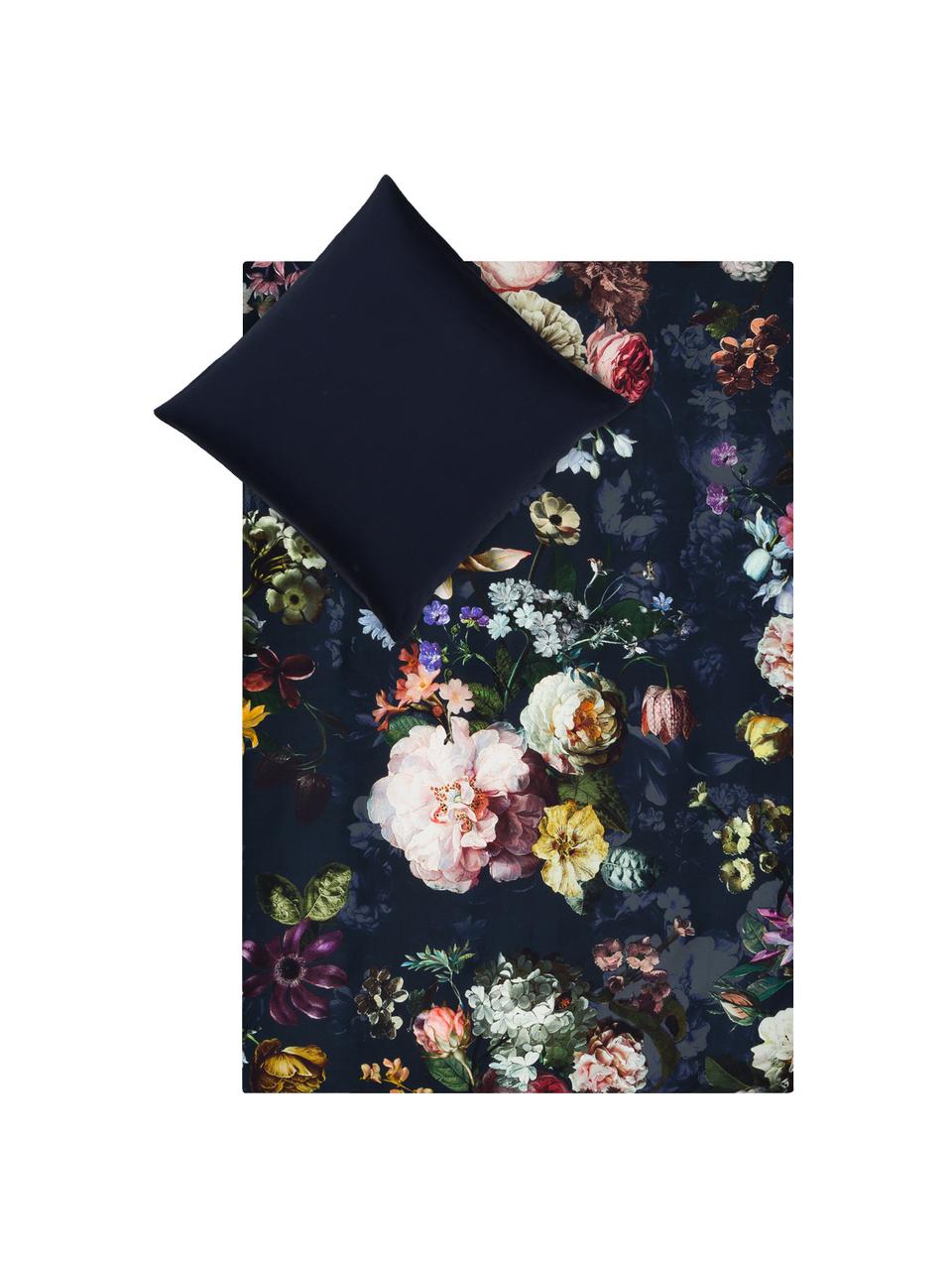 Baumwollsatin-Bettwäsche Fleur mit Blumen-Muster, Webart: Satin Fadendichte 209 TC,, Vorderseite: Nachtblau, Weiß, Gelb; Rückseite: Nachtblau, 155 x 220 cm + 1 Kissen 80 x 80 cm
