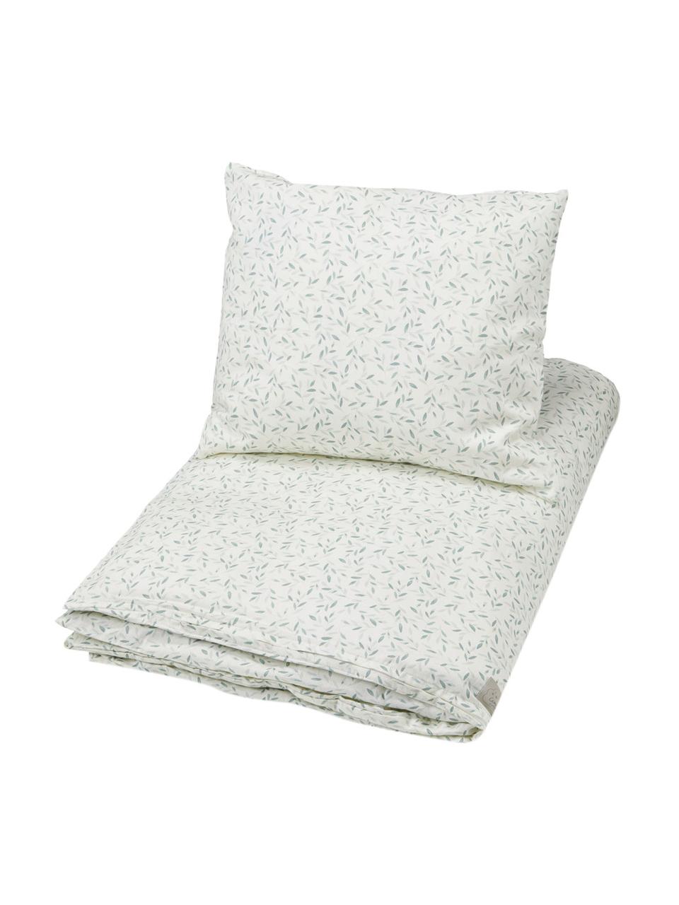 Ropa de cama de algodón ecológico satinado Green Leaves, 100% algodón ecológico satinado con certificado GOTS, Blanco, verde, Cama 80 cm (135 x 200 cm), 2 pzas.