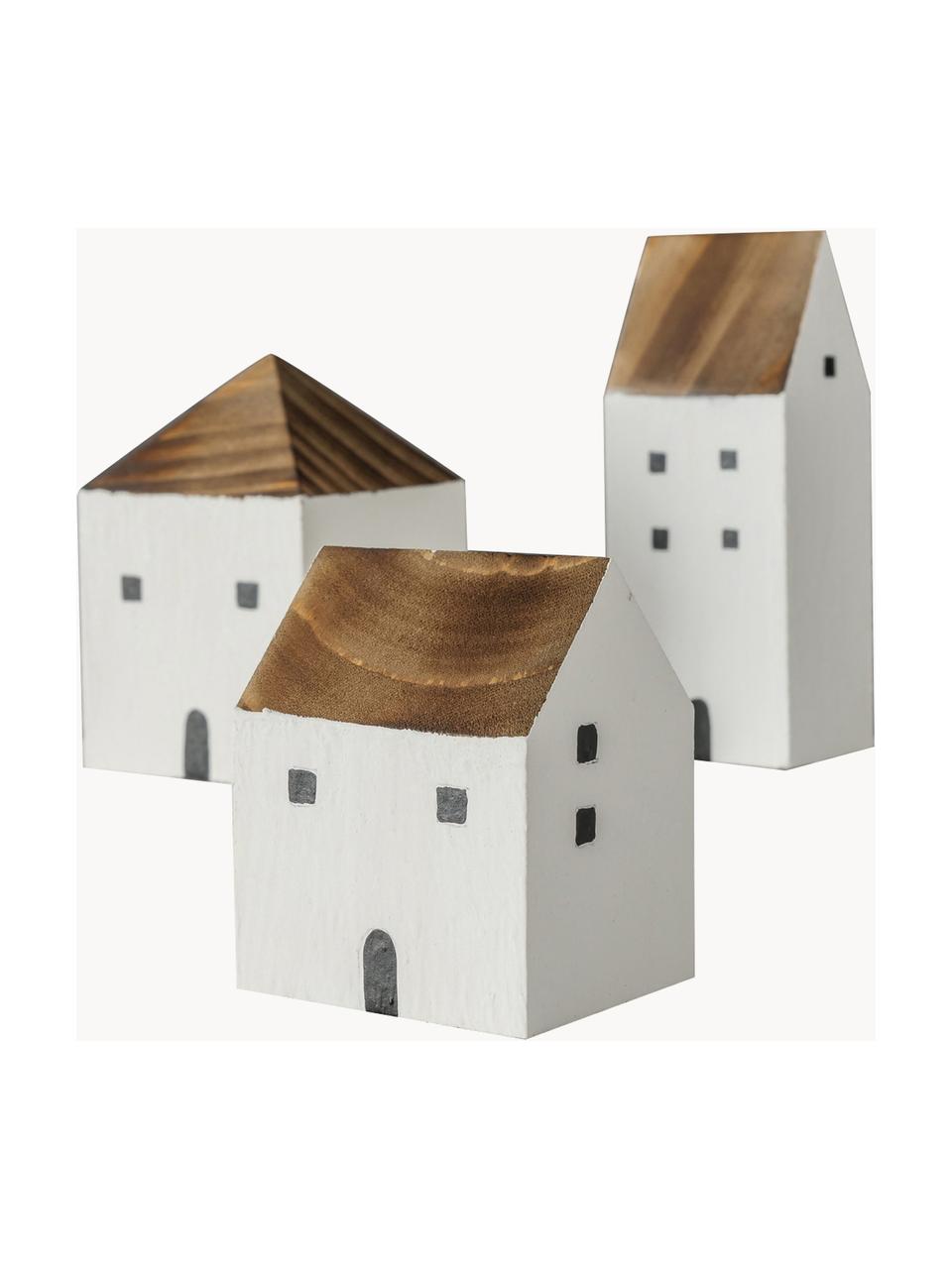 Figuras decorativas casas de madera de pino Gotan, 3 uds., Madera de pino, Madera oscura, blanco, Set de diferentes tamaños