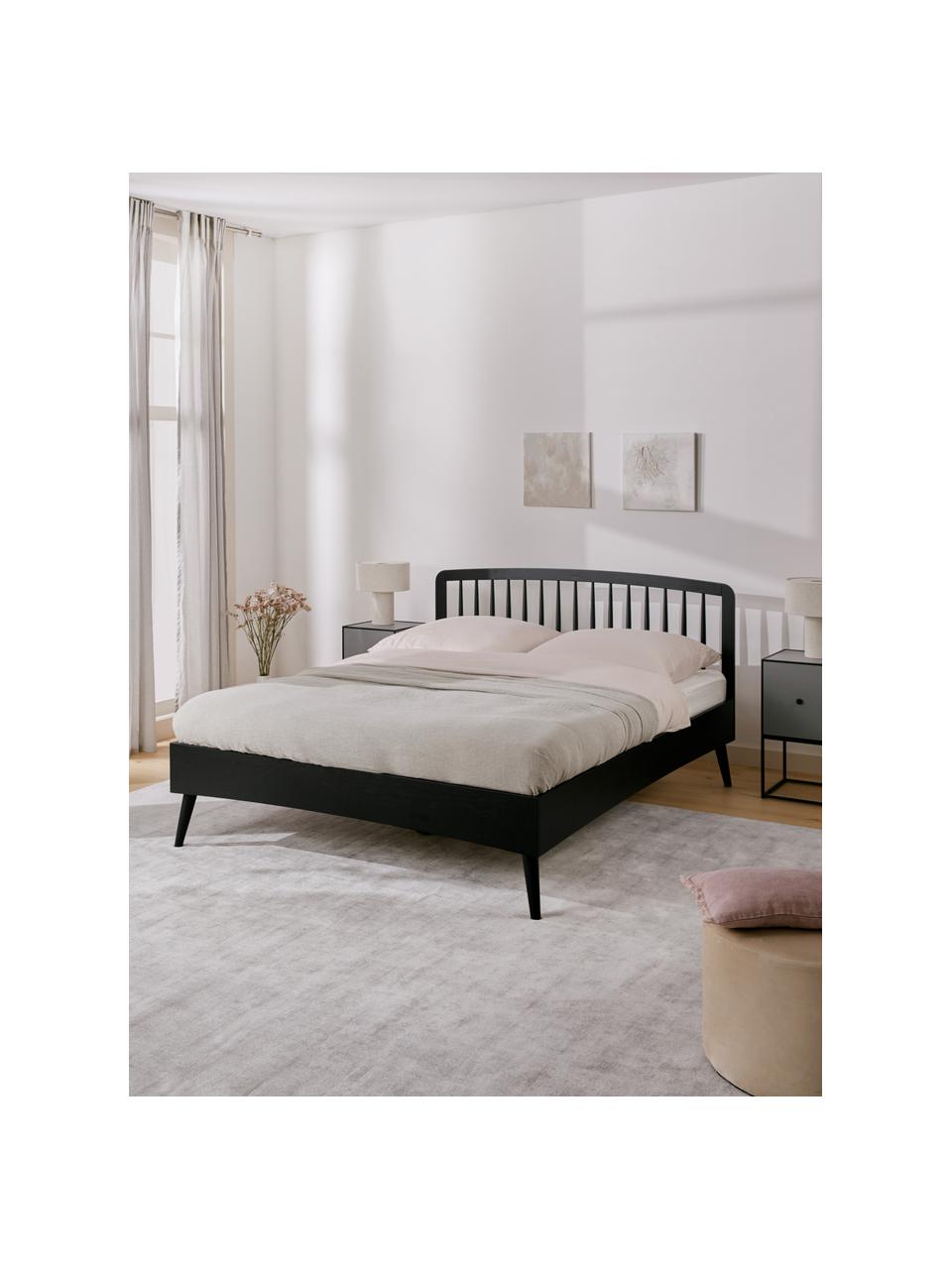Cama de madera Signe, Madera de roble pintado negro, An 180 x L 200 cm