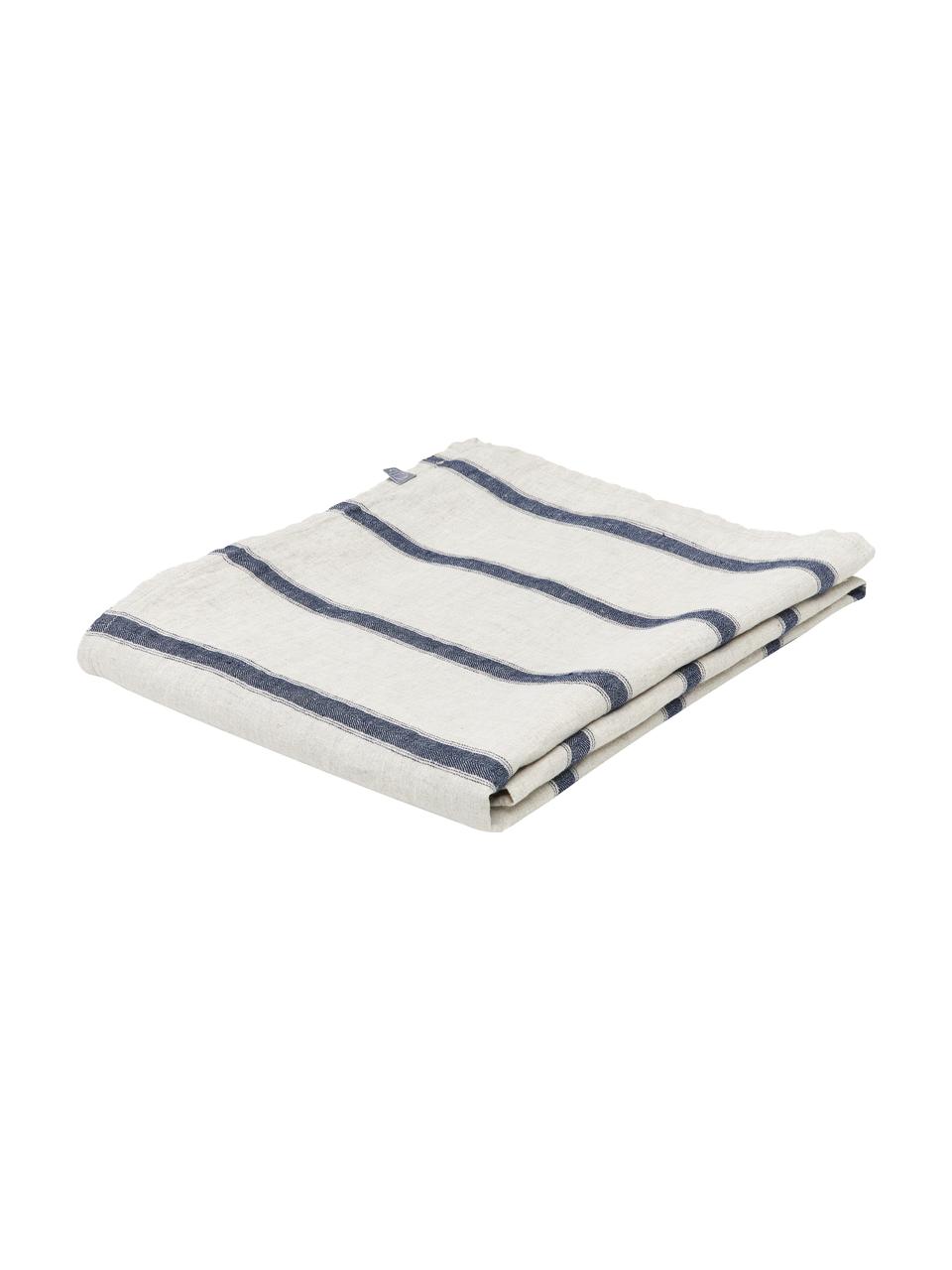 Mantel de lino a rayas Karla, 100% lino, Blanco crudo, azul, De 6 a 8 comensales (An 145 x L 250 cm)