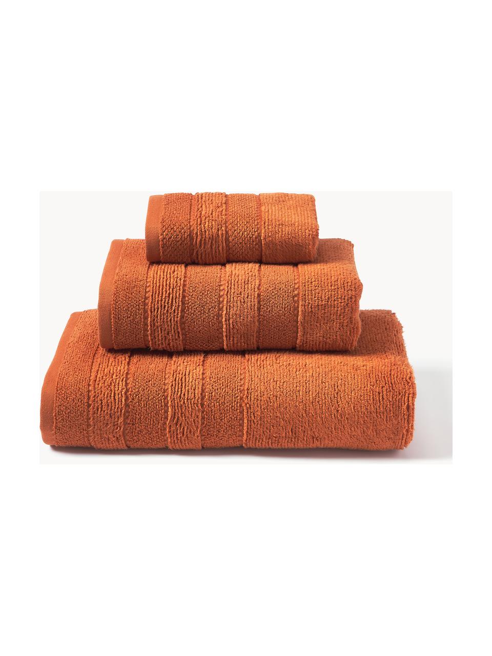 Set de toallas con borde a rayas Luxe, 3 uds., Terracota, Set de 3 (toalla tocador, toalla lavabo y toalla ducha)