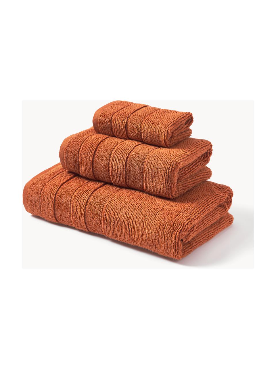 Set de toallas con borde a rayas Luxe, 3 uds., Naranja, Set de 3 (toalla tocador, toalla lavabo y toalla ducha)