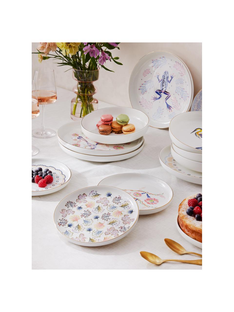 Set di 4 piatti da colazione Flamboyant, Porcellana, Multicolore con bordo dorato, Ø 19 x Alt. 3 cm