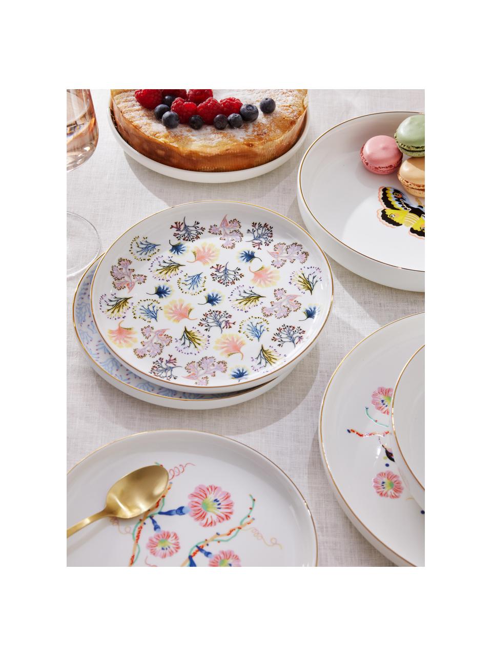 Set di 4 piatti da colazione Flamboyant, Porcellana, Multicolore con bordo dorato, Ø 19 x Alt. 3 cm