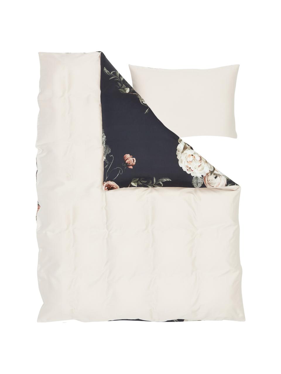 Biancheria da letto in raso di cotone Blossom, Nero, multicolore, 155 x 200 cm + 1 federa 50 x 80 cm