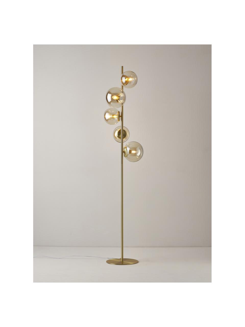 Lámpara de pie industrial Casey, Estructura: metal cepillado, Cable: cubierto en tela, Dorado, Al 170 cm