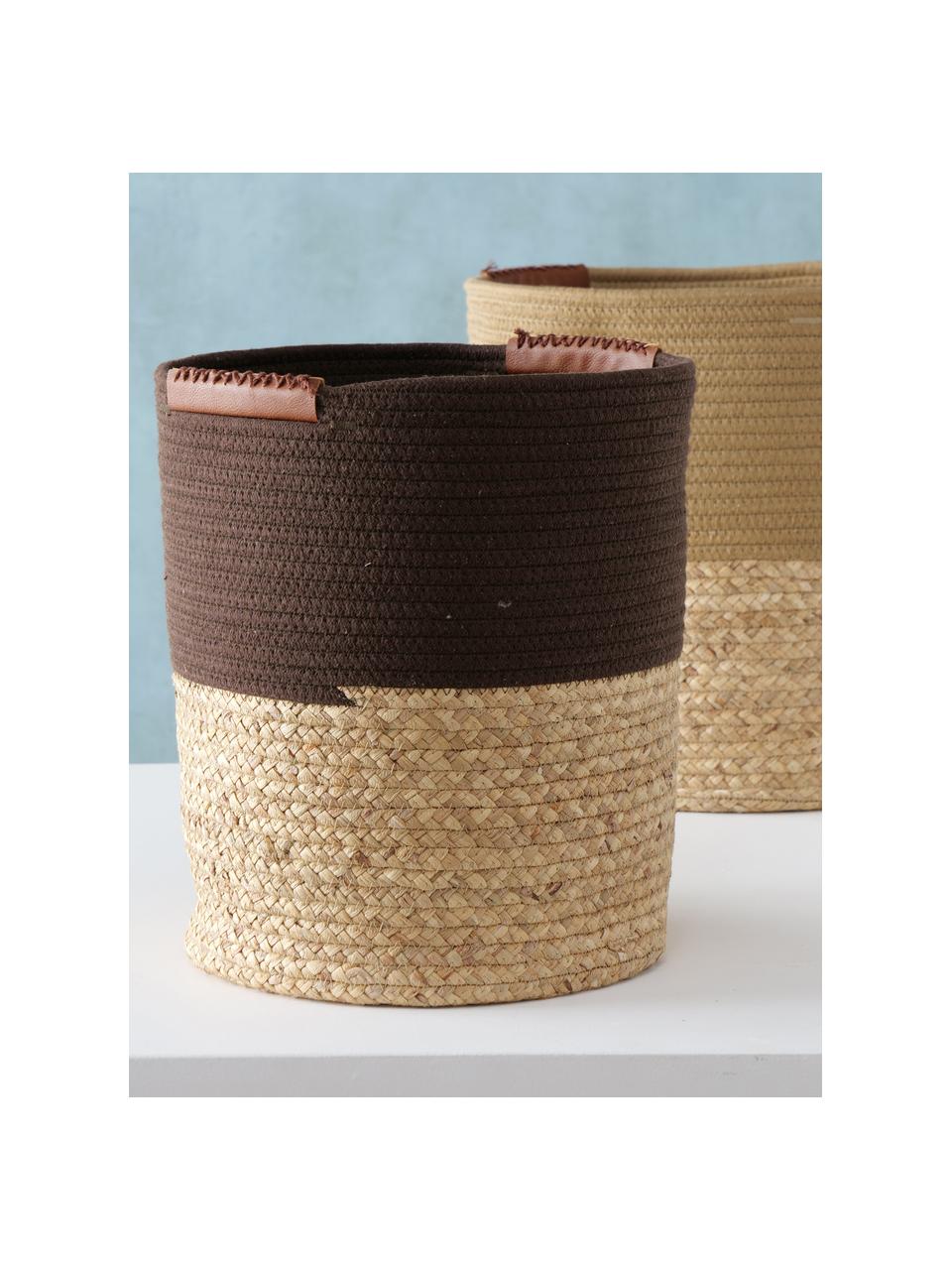 Set de cestas artesanales Zahara, 2 uds., Asas: cuero sintético, Marrón, Set de diferentes tamaños