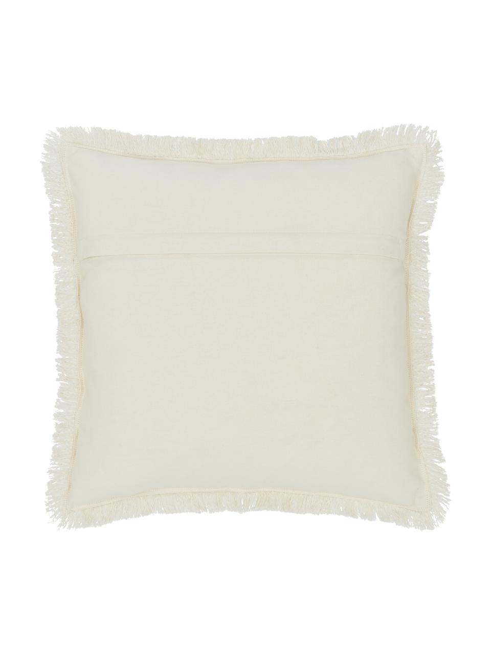 Poszewka na poduszkę z frędzlami i haftem w stylu boho Erik, 100% bawełna, Odcienie kremowego, czarny, S 45 x D 45 cm