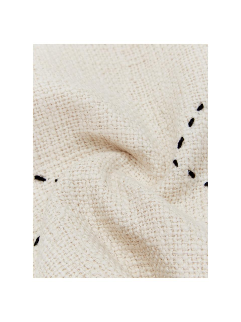 Poszewka na poduszkę z frędzlami i haftem w stylu boho Erik, 100% bawełna, Odcienie kremowego, czarny, S 45 x D 45 cm