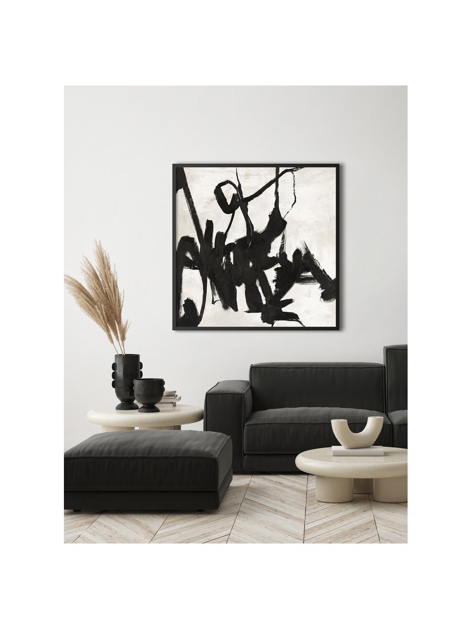 Ręcznie malowany obraz na płótnie w drewnianej ramie Playblack, Stelaż: drewno sosnowe, Czarny, biały, S 102 x W 102 cm
