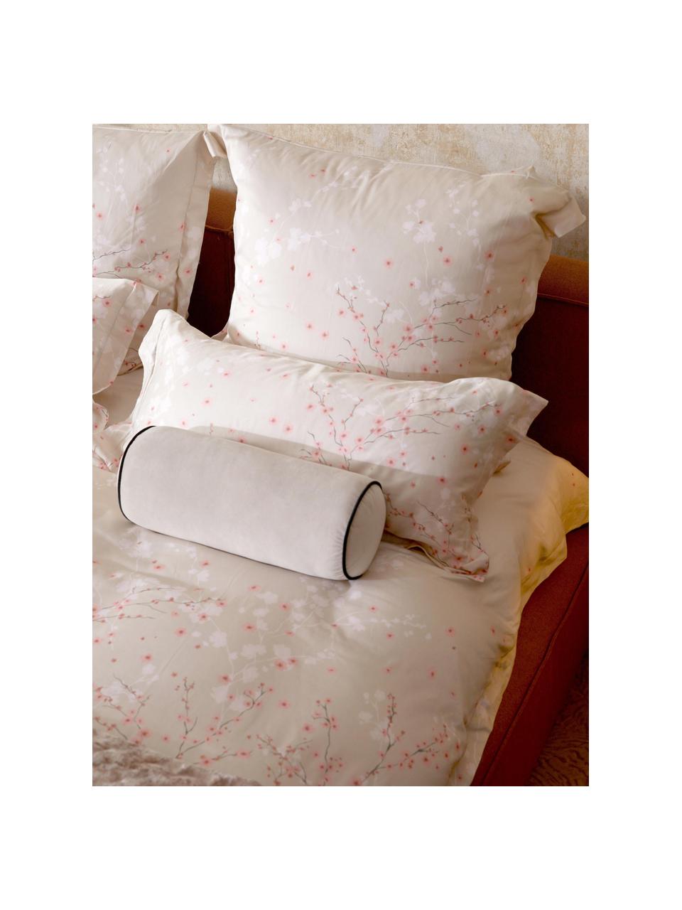 Housse de couette en satin de coton à motif floral Sakura, Beige clair, rose pâle, blanc, larg. 260 x long. 240 cm