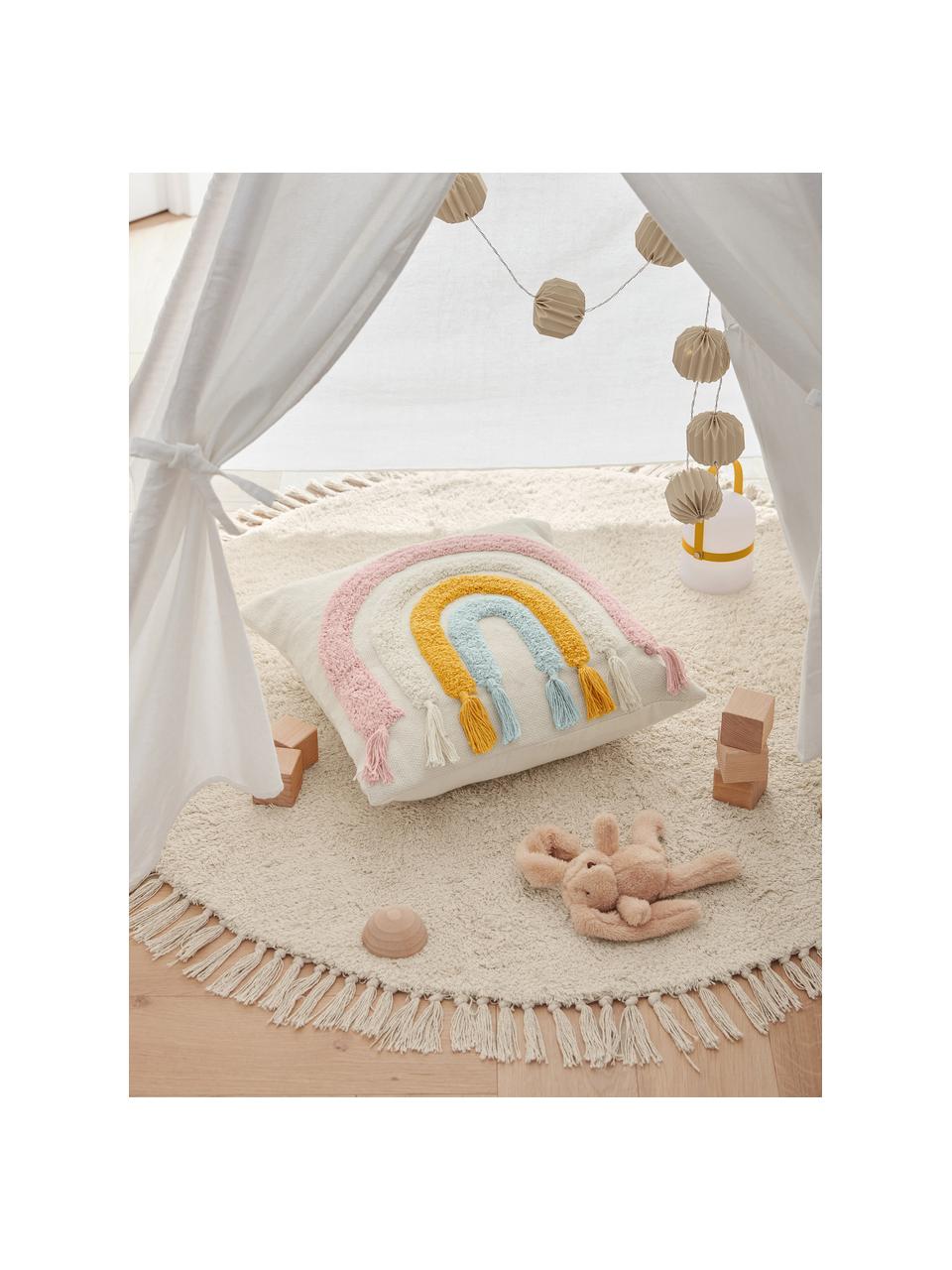 Tapis rond pour enfant à franges Orwen, 100 % coton, Blanc crème, Ø 100 cm