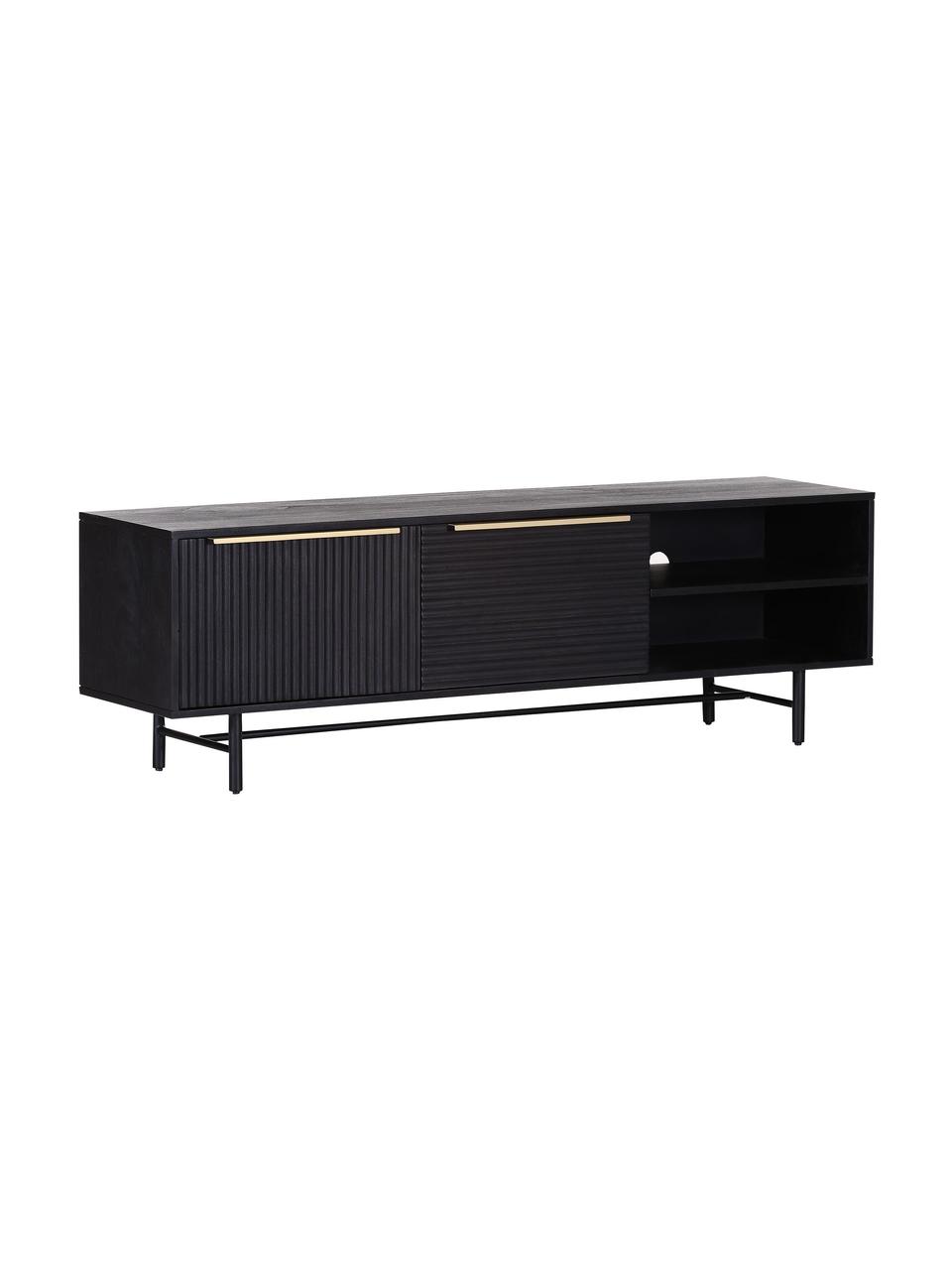 Credenza bassa in legno di acacia con frontale scanalato Mamba, Struttura: legno di acacia verniciat, Gambe: metallo verniciato, Nero, Larg. 158 x Alt. 50 cm