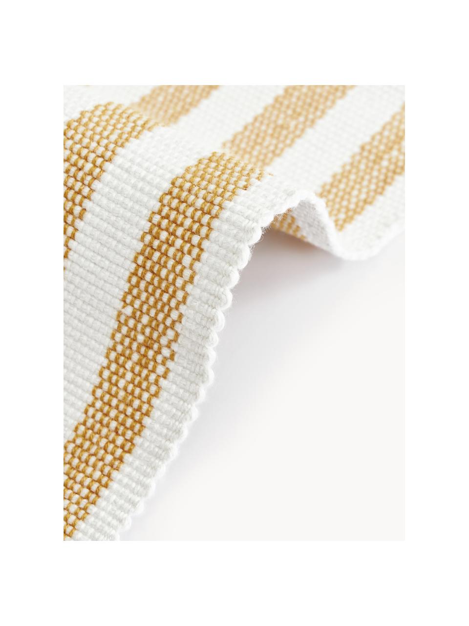 Handgeweven in- & outdoor vloerkleed Lyla, 100% polyester, GRS-gecertificeerd, Wit, oker, B 80 x L 150 cm (maat XS)
