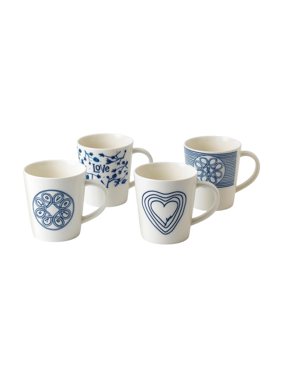 Gemusterte Tassen Love in Weiß/Blau, 4er-Set, Porzellan, Elfenbein, Kobaltblau, Ø 10 x H 11 cm