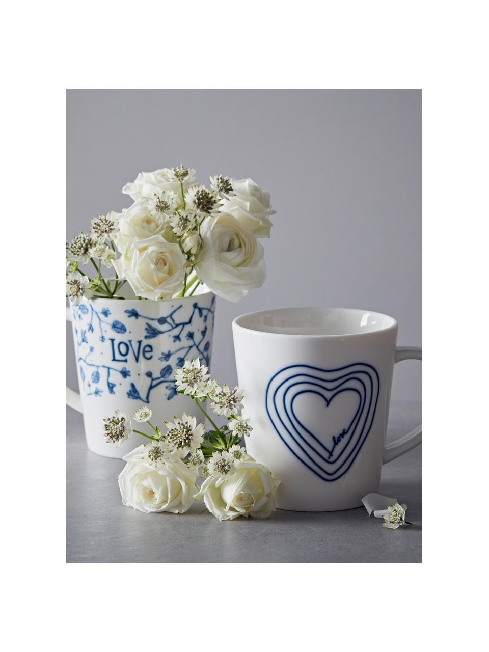 Mokkenset Love in wit/blauw met patroon, 4-delig, Porselein, Ivoorkleurig, kobaltblauw, Ø 10 x H 11 cm