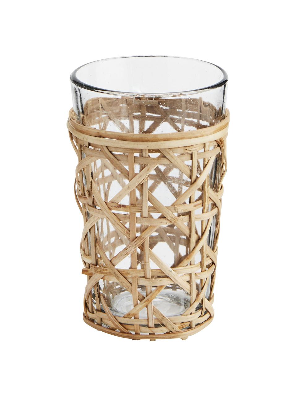 Szklanka w ręcznie wykonanym koszyczku z bambusa Ubud, 6 szt., Transparentny, jasny brązowy, Ø 8 x W 11 cm, 115 ml