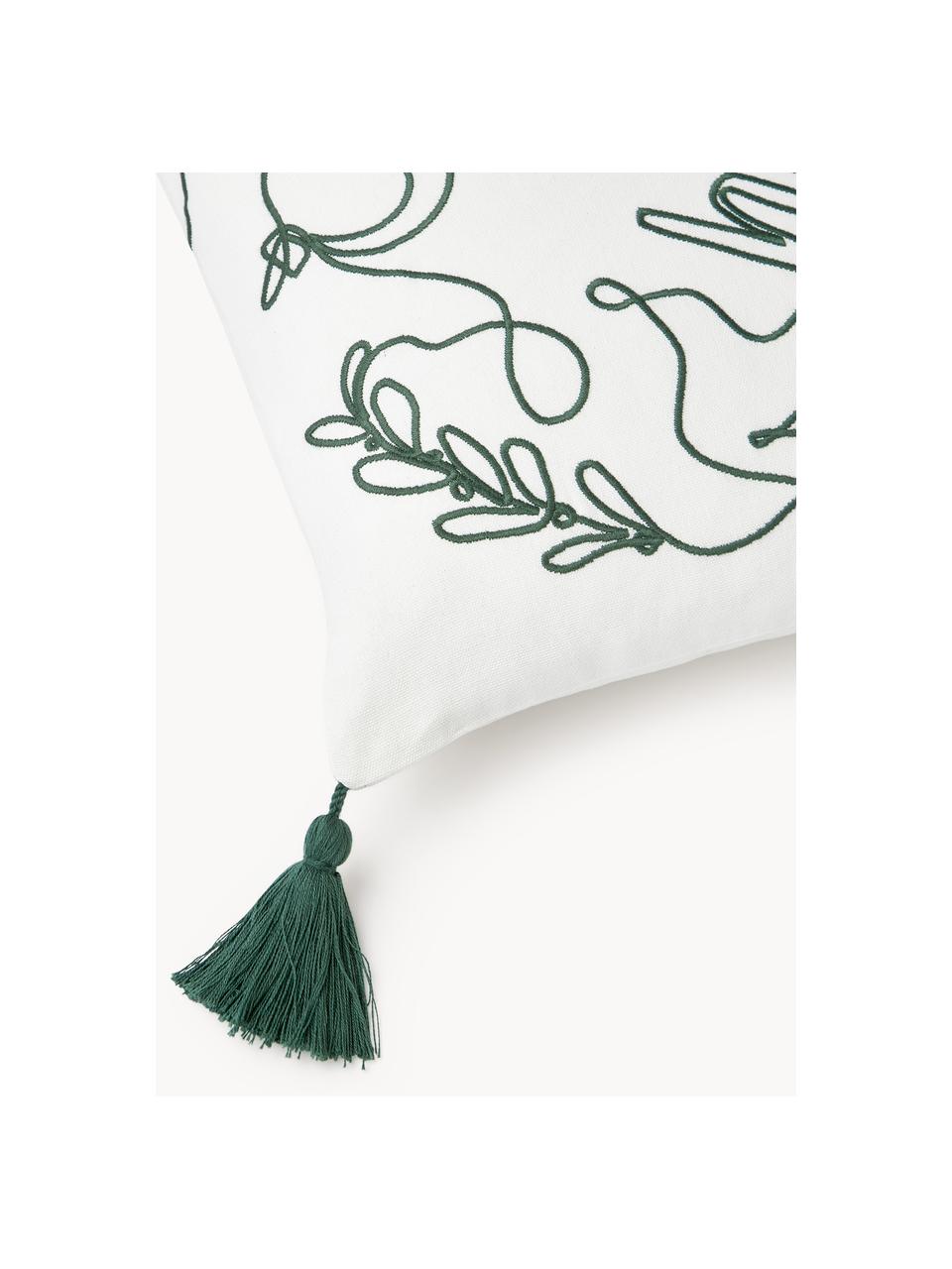 Housse de coussin 45x45 brodée Alora, 100 % coton, Blanc, vert foncé, larg. 45 x long. 45 cm