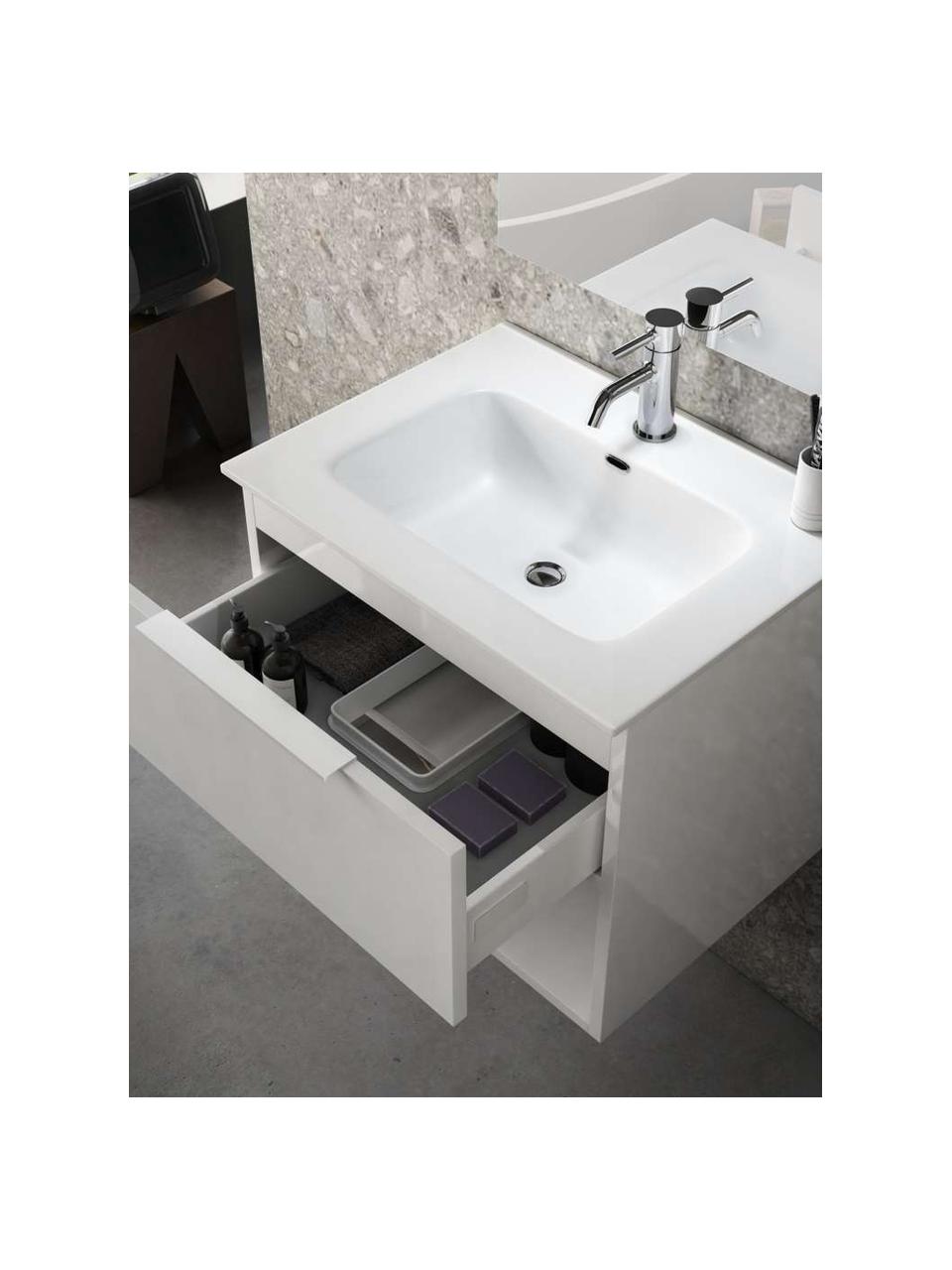 Set lavabo One, 4 pzas., Lámpara: aluminio recubierto, Espejo: vidrio, Parte trasera: plástico ABS, Blanco, Set de diferentes tamaños