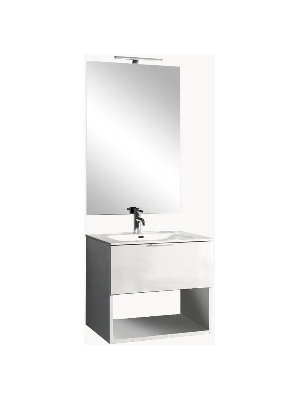 Set lavabo One, 4 pzas., Lámpara: aluminio recubierto, Espejo: vidrio, Parte trasera: plástico ABS, Blanco, Set de diferentes tamaños