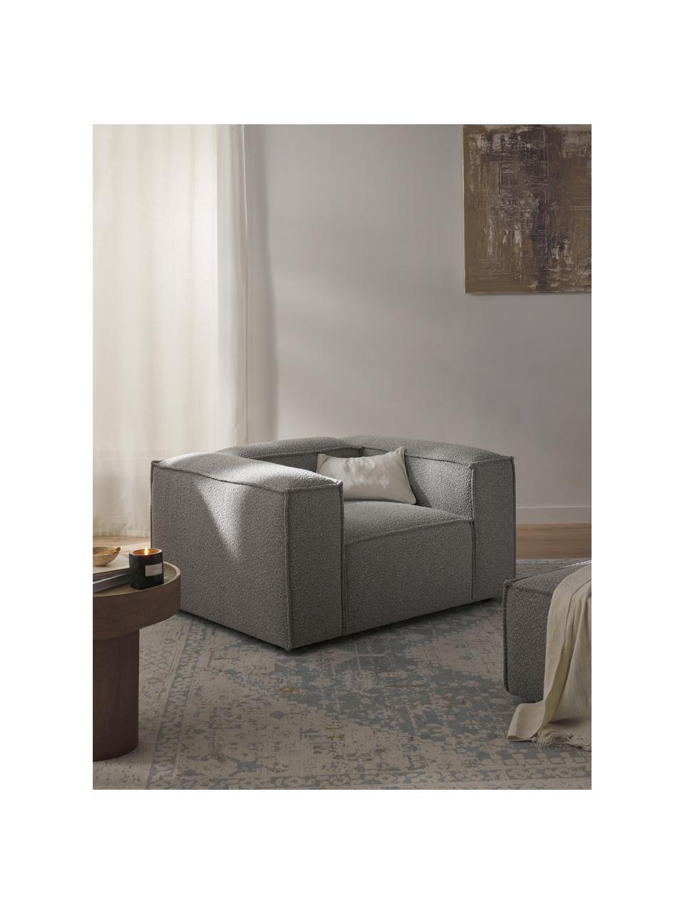 Sillón en tejido bouclé Lennon, Tapizado: tejido bouclé (100% polié, Estructura: madera contrachapada de p, Patas: plástico Este producto es, Bouclé gris pardo, An 130 x F 101 cm