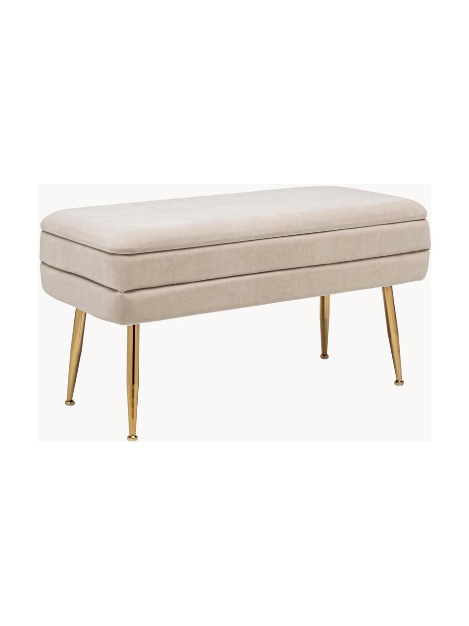 Fluwelen gestoffeerde bank Pavlina met opbergruimte, Bekleding: fluweel (100% polyester), Frame: MDF, Poten: gecoat staal, Fluweel lichtbeige, goudkleurig, B 80 x D 38 cm