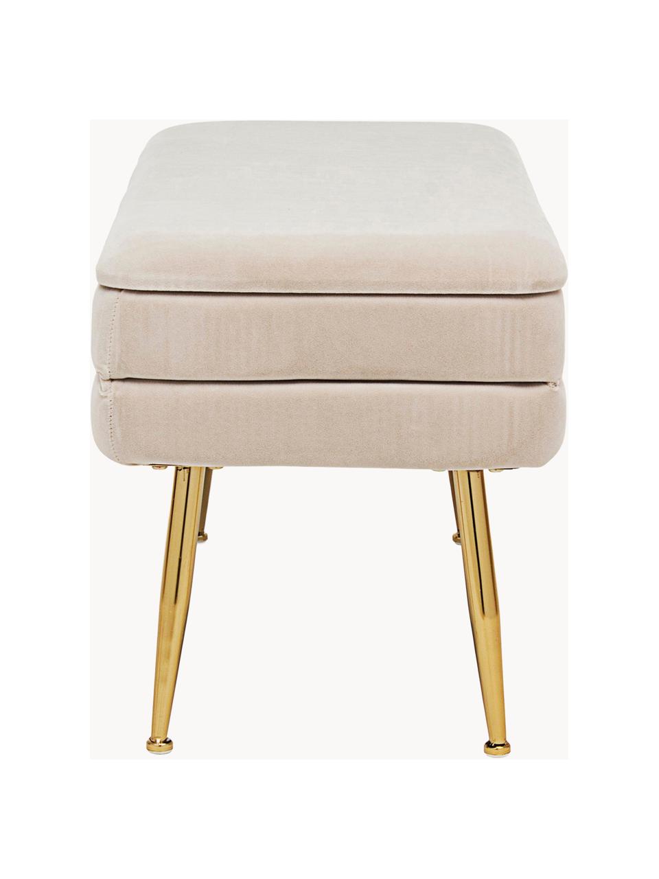 Banc en velours avec rangement Pavlina, Velours beige clair, pieds dorés, larg. 80 x prof. 38 cm