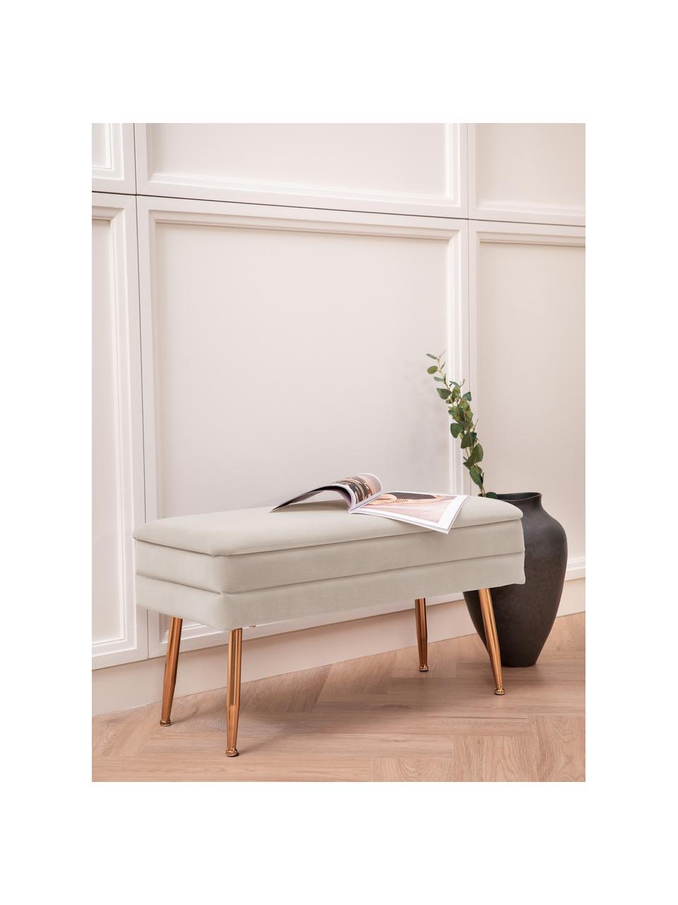 Fluwelen gestoffeerde bank Pavlina met opbergruimte, Bekleding: fluweel (100% polyester), Frame: MDF, Poten: gecoat staal, Fluweel lichtbeige, goudkleurig, B 80 x D 38 cm