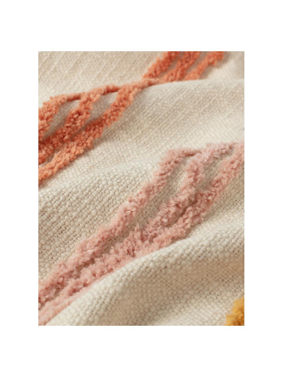 Plaid in cotone a righe colorate con frange Lea, 100% cotone, Color crema, multicolore, Larg. 120 x Lung. 180 cm