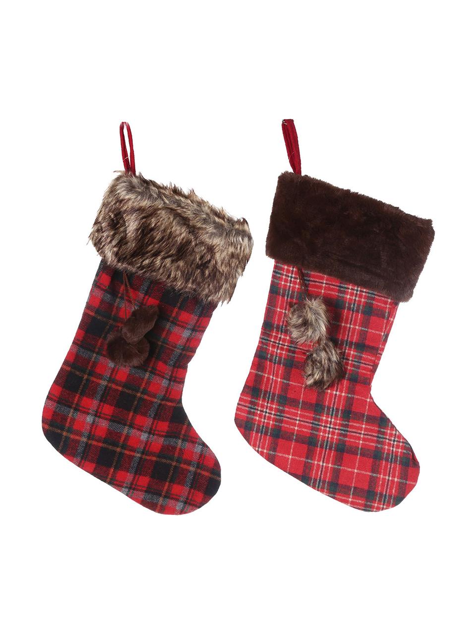 Set de calcetines navideños Escocés, 2 pzas., Poliéster, Rojo, multicolor, L 28 x Al 45 cm