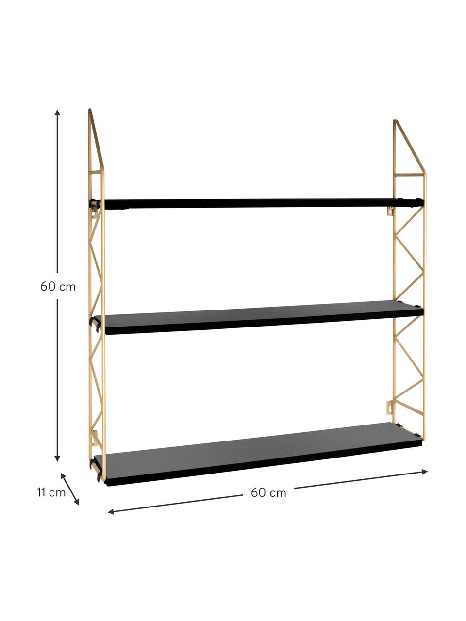 Klein wandrek Zig Zag, Frame: gelakt metaal, Frame: goudkleurig. Planken: zwart, 60 x 60 cm