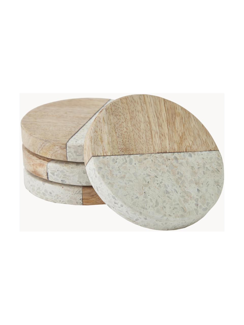 Onderzetters Augustine van terrazzo/mangohout, 4 stuks, Terrazzo, mangohout, Mangohout, beige, Ø 10 x H 2 cm