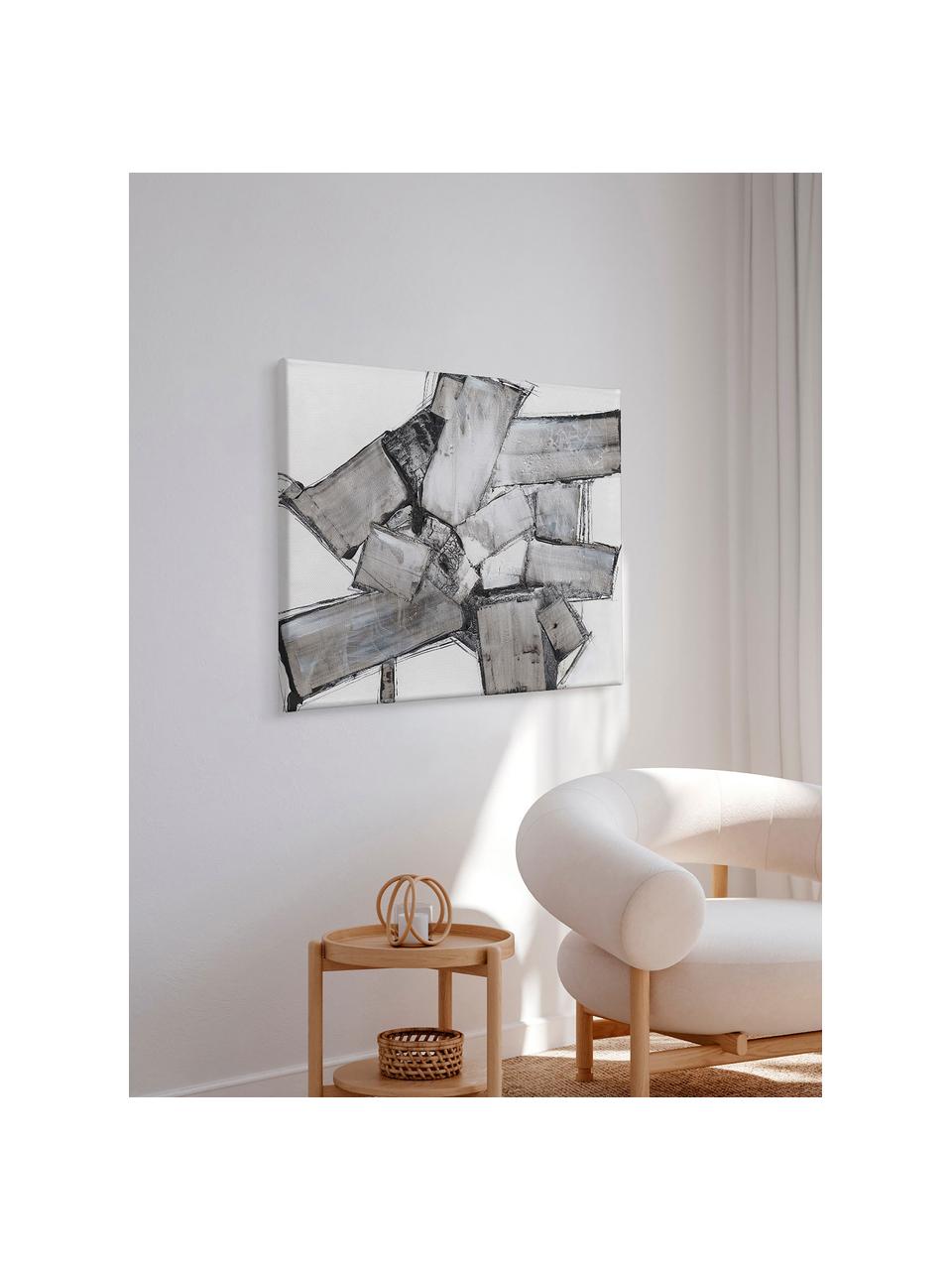 Handbemalter Leinwanddruck Dark Abstract, Grautöne, Weiss, B 80 x H 120 cm