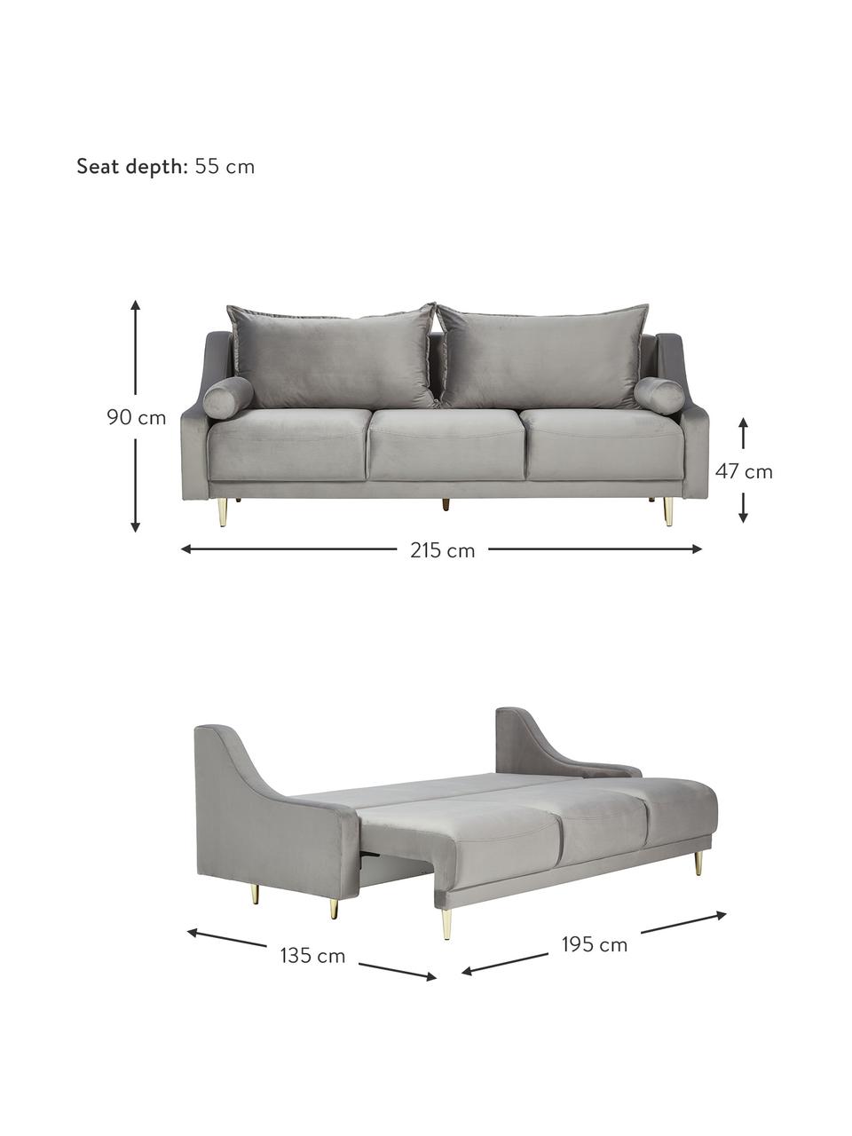 Canapé convertible 3 places avec rangement Lea, Velours gris, larg. 215 x prof. 94 cm