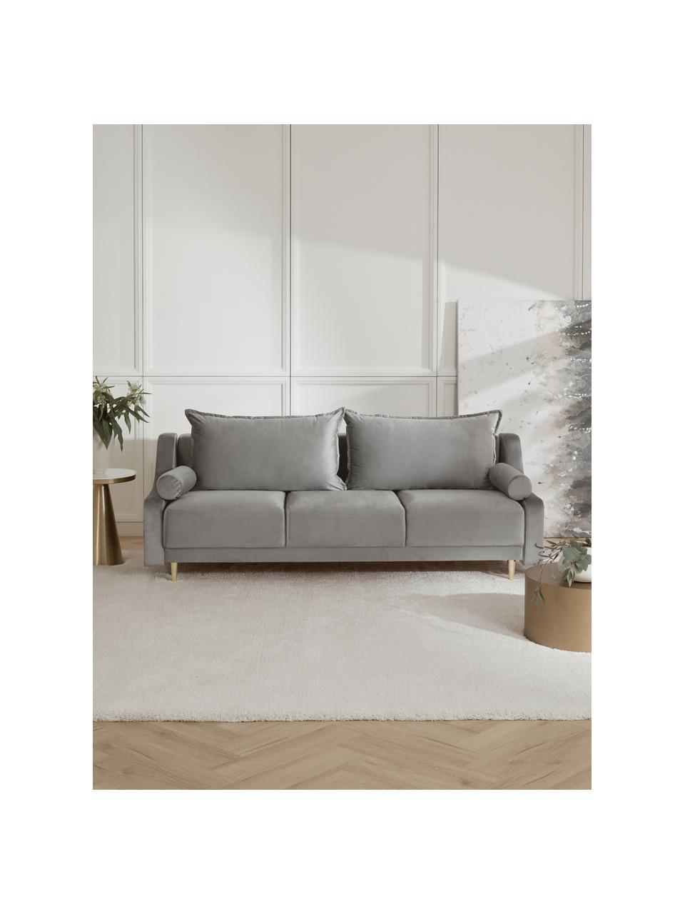 Divano letto 3 posti in velluto grigio con contenitore Lea, Rivestimento: velluto di poliestere Il , Piedini: metallo verniciato a polv, Velluto grigio, ottonato, Larg. 215 x Alt. 94 cm