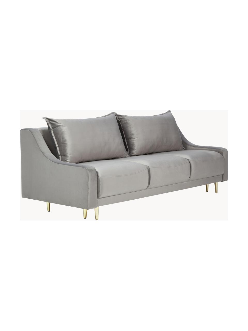 Divano letto 3 posti in velluto grigio con contenitore Lea, Rivestimento: velluto di poliestere Il , Piedini: metallo verniciato a polv, Velluto grigio, ottonato, Larg. 215 x Alt. 94 cm