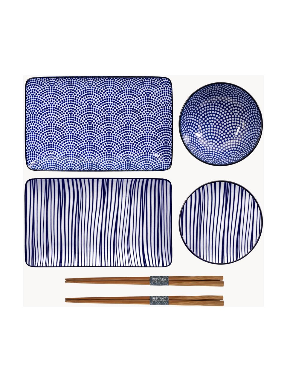 Handgemaakte porseleinen serviesset Nippon met eetstokjes, 2 personen (6-delig), Blauw, wit, donker hout, Set met verschillende groottes