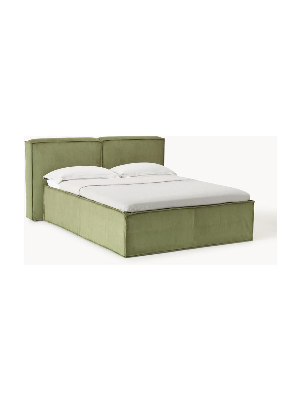 Cord-Boxspringbett Lennon, Bezug: 92 % Polyester, 8 % Polya, Matratze: 7-Zonen-Taschenfederkern, Füße: Massives Birkenholz Diese, Cord Olivgrün, B 140 x L 200 cm, Härtegrad H2