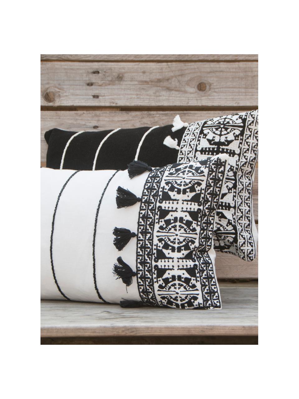 Haftowana poszewka na poduszkę z chwostami Neo Berbère, 100% bawełna, Biały, czarny, S 30 x D 50 cm