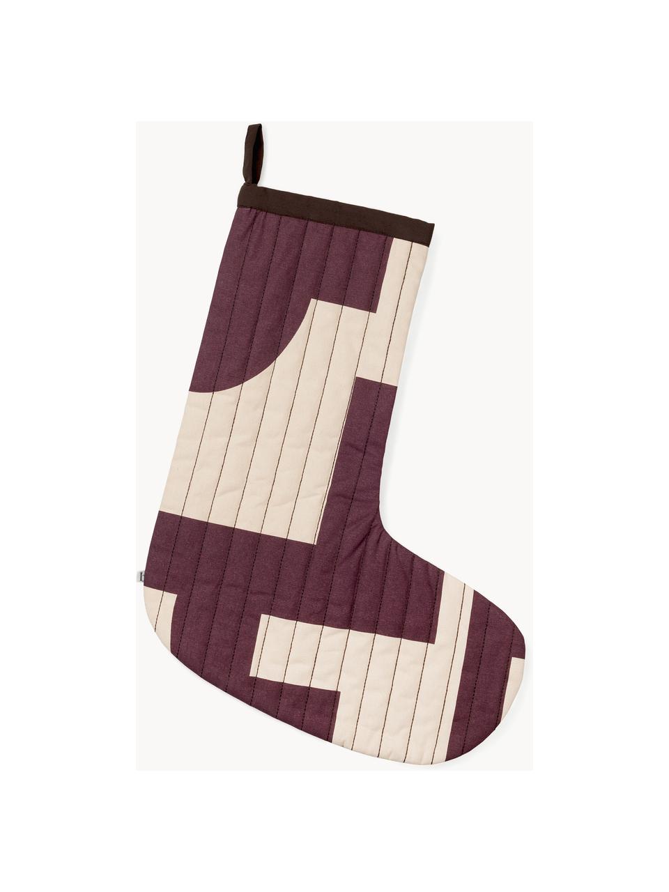 Chaussette de Noël en coton Karla, 100% coton, Aubergine, blanc crème, larg. 35 x haut. 48 cm