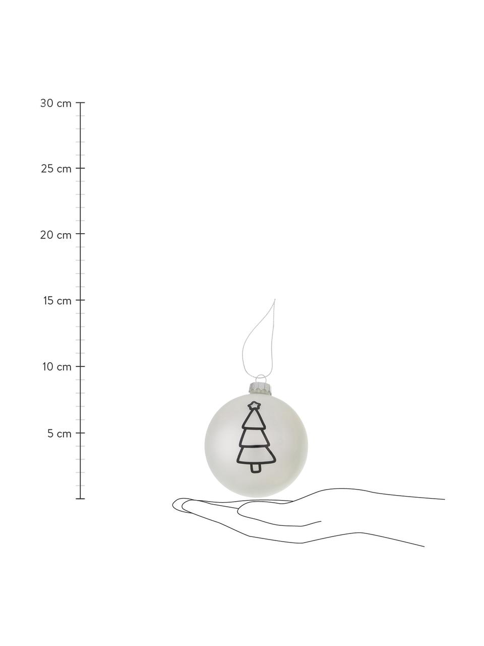 Handgemaakte kerstballen Matti, set van 12, Gebroken wit, zwart, zilver, Ø 8 x H 8 cm