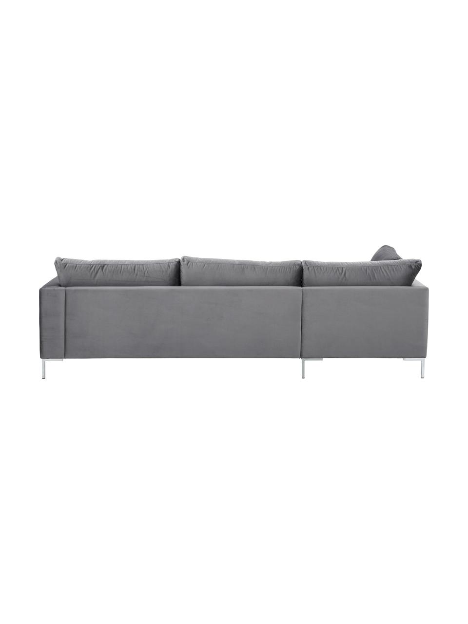 Divano angolare in velluto grigio scuro Luna, Rivestimento: velluto (100% poliestere), Struttura: legno di faggio massiccio, Piedini: metallo, zincato, Grigio scuro, Larg. 280 x Prof. 184 cm