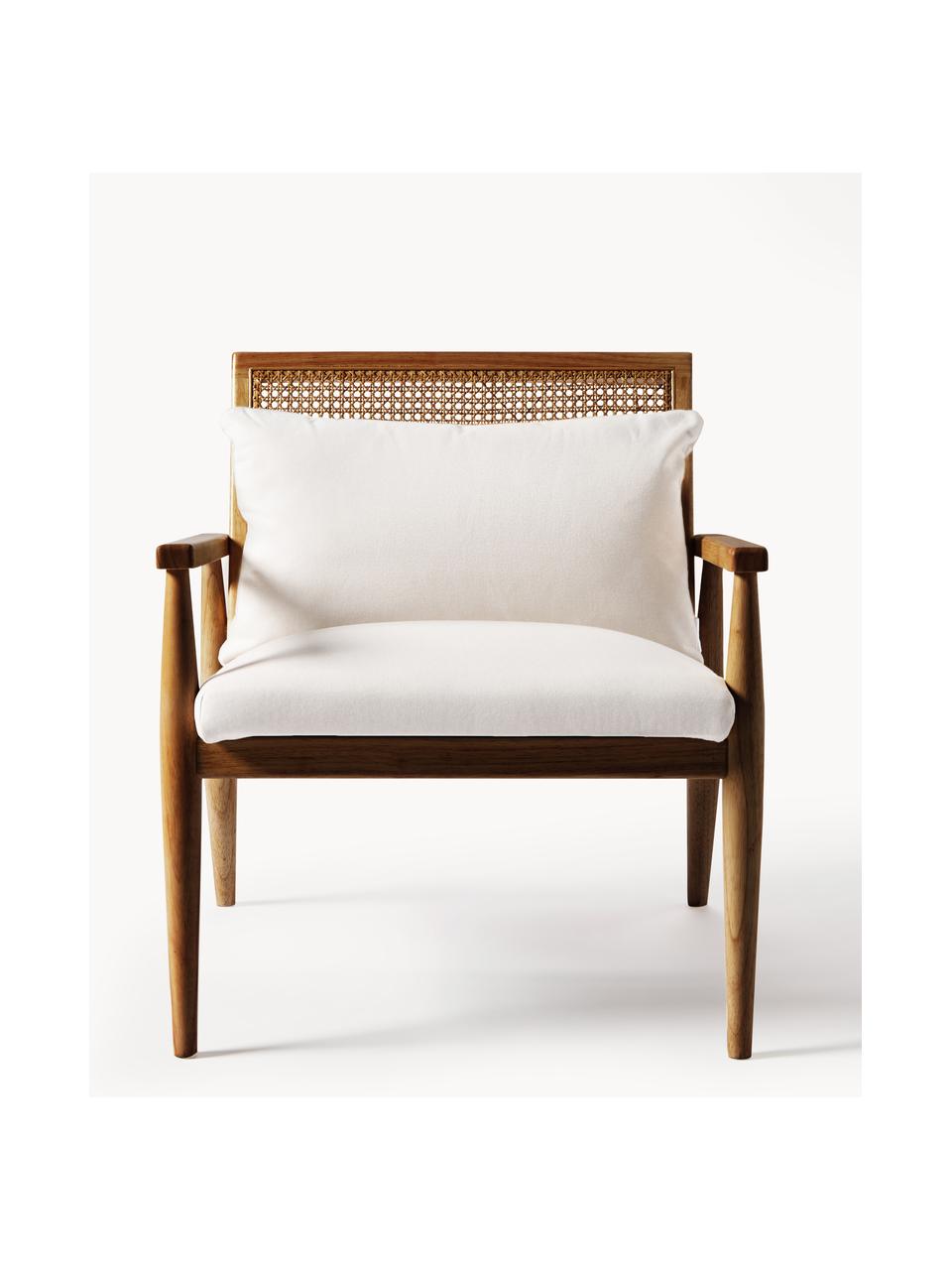 Loungesessel Manuell aus Gummibaumholz, Bezug: 100 % Polyester Der strap, Rückenlehne: Rattan, Gestell: Gummibaumholz, lackiert, Webstoff Off White, Gummibaumholz dunkelbraun lackiert, B 65 x T 70 cm