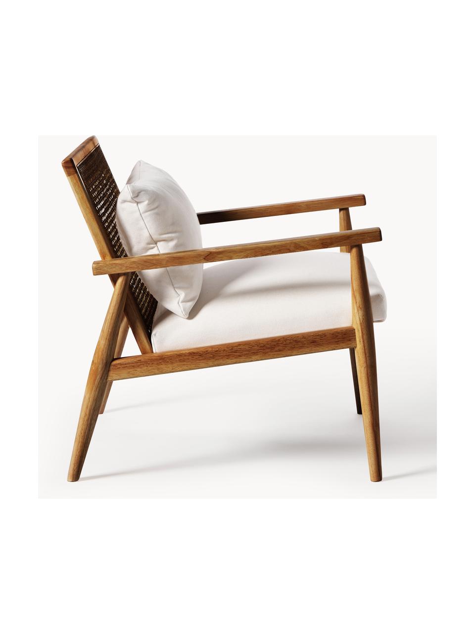 Loungesessel Manuell aus Gummibaumholz, Bezug: 100 % Polyester Der strap, Rückenlehne: Rattan, Gestell: Gummibaumholz, lackiert, Webstoff Off White, Gummibaumholz dunkelbraun lackiert, B 65 x T 70 cm