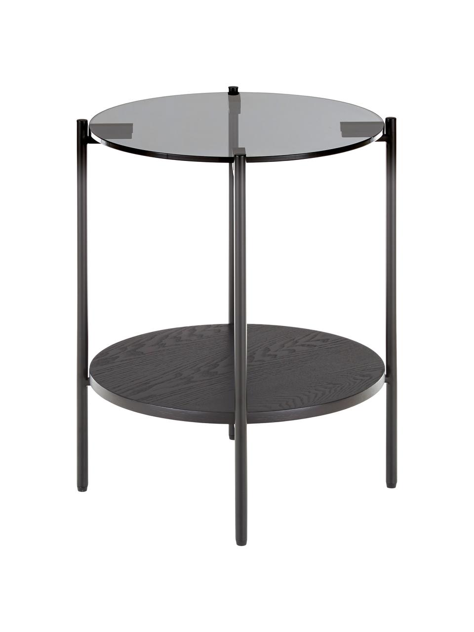Tavolino con piano in vetro Valentina, Piano d'appoggio: vetro, Mensola: pannello di fibra a media, Struttura: metallo verniciato a polv, Legno di frassino laccato nero, Ø 44 x Alt. 50 cm